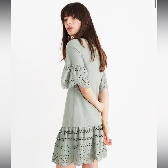 Madewell Eyelet Drop-Waist Dress Dusty Patina Cotton Lace Sage Green Small S - Picture 2 of 10